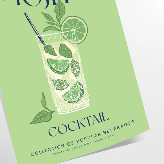 space stunning Mojito Cocktail poster elegant gray tones refreshing greens gift chic addition wall art collection splash flavor decor A4 cm A0 sizes