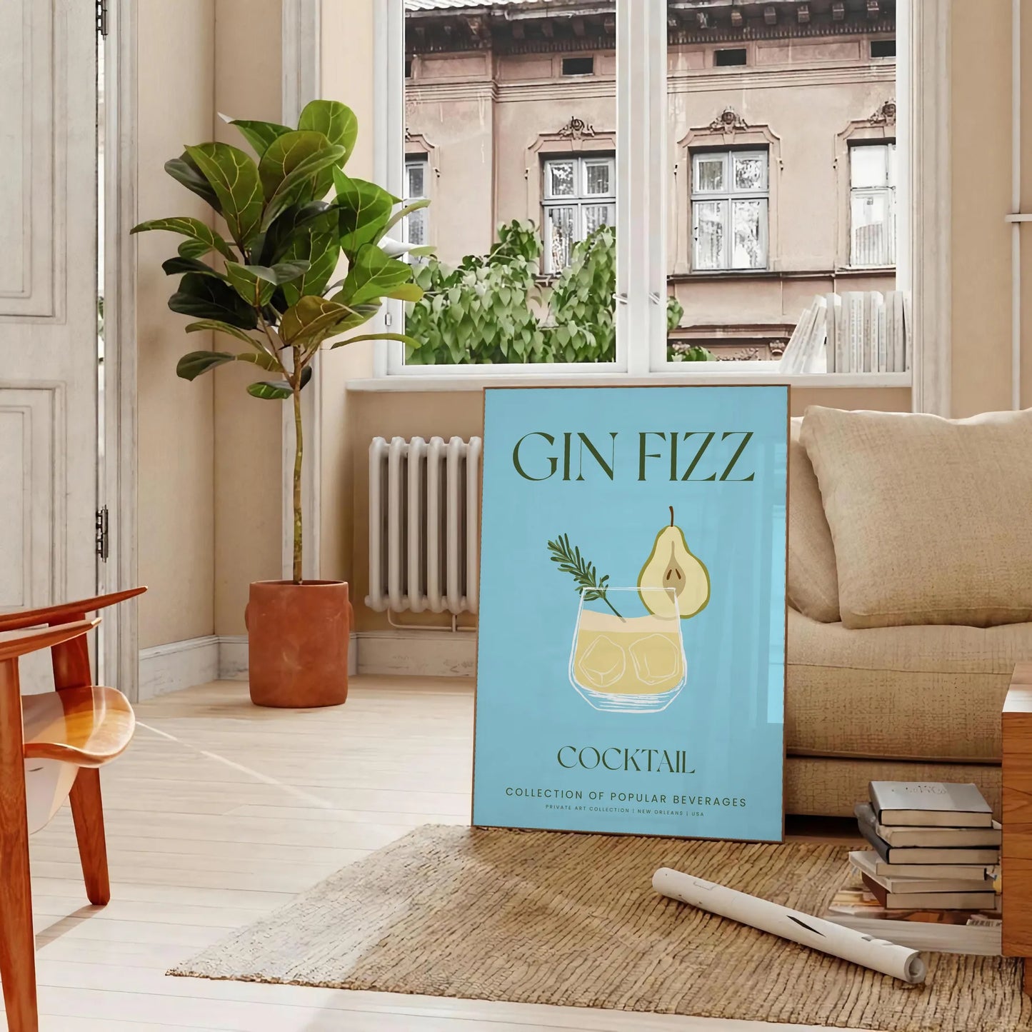 space stunning Gin Fizz Cocktail Art Poster vibrant green gray tones captivating wall perfect kitchen bar ideal gift lovers versatile sizes A4 cm A0