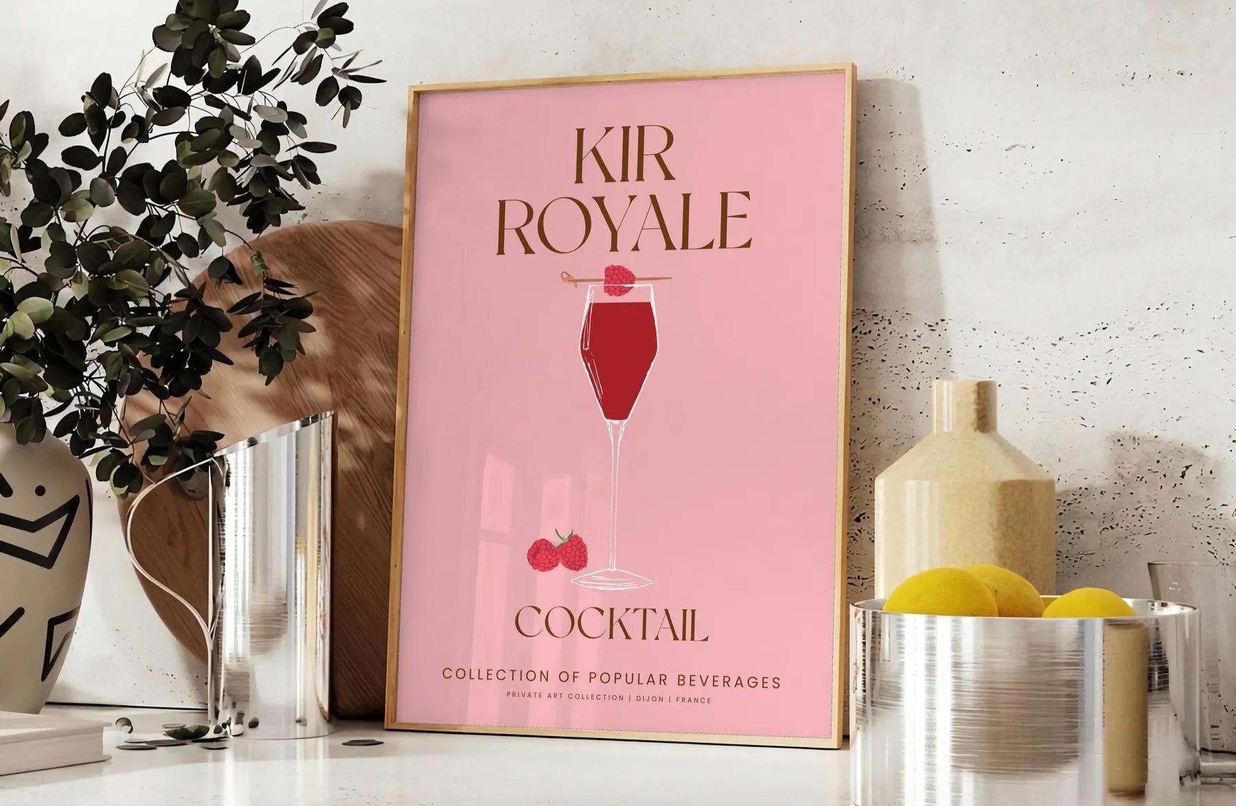 space elegant Kir Royale cocktail art poster sophisticated blend gray purple tones unique wall piece thoughtful gift enthusiasts unframed version exquisite artwork